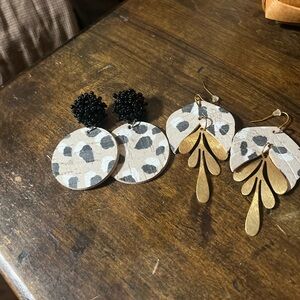 Handmade Hand Cut Leather Leopard Print and Gold Drop Earrings